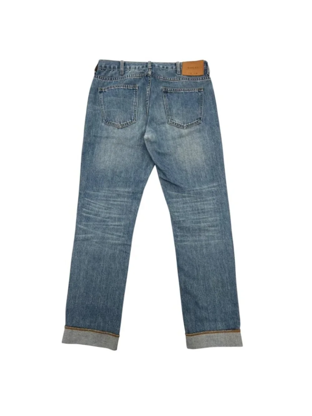 Gucci Logo Leather Patch Snake Embroidery Button Fly Denim Pants Blue 30